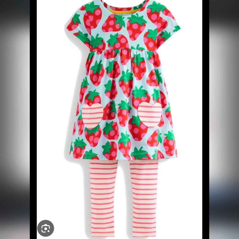 Mini Boden Strawberry Print Cotton Jersey Tunic Dress & Stripe Leggings Set .